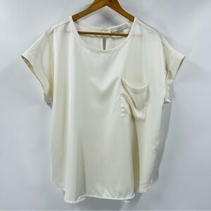 Loft Cream Short Dolman Cap Sleeve Work Career Satin Feel Silky Top Pocket Sz XL
